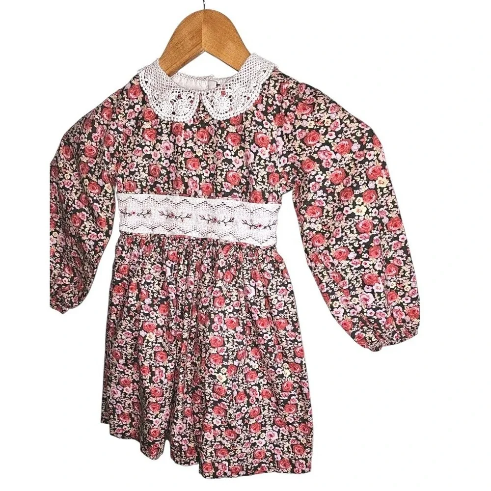 Bonnie Jean Ditzy Floral Smocked Lace Collar Long Sleeve Dress Size 5‎
